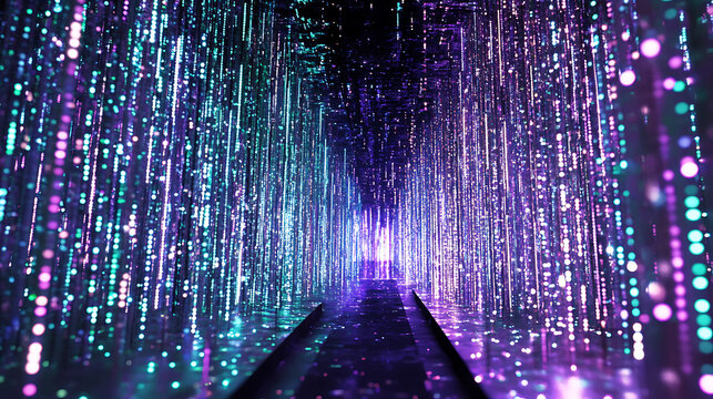 A vibrant digital tunnel with cascading light particles in blue and purple hues.