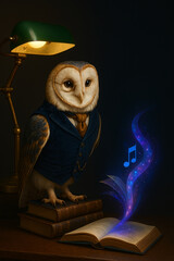 "Spectacled Owl in Vintage Waistcoat with Holographic Bookmark | Retro-Futuristic Audiobook Concept"