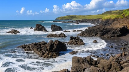Dramatic coastal scene with dark volcanic rocks, crashing waves, and a verdant hillside under a bright blue sky