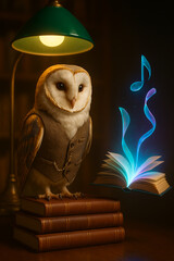 "Spectacled Owl in Vintage Waistcoat with Holographic Bookmark | Retro-Futuristic Audiobook Concept"
