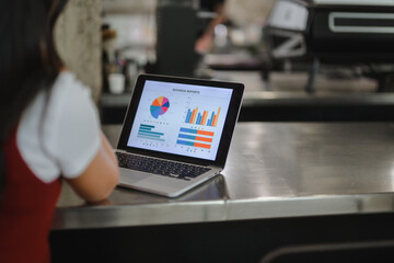 Businesswoman analyzing business reports on laptop in a coffee shop