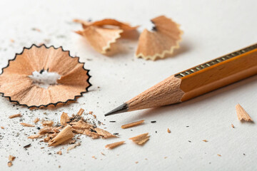 Sharpened pencil with shavings on white paper