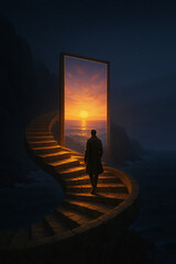 "Ascending to Light: Man Climbing Stone Staircase Toward Sunrise Portal | Surreal Twilight Journey in Cinematic EXR"