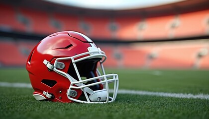 Close-up of red football helmet on stadium grass field. White protective face mask, professional sport equipment for head protection. American football game concept.