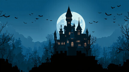 Haunted Castle in the Forest Under Full Blue Moon