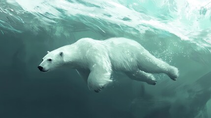 A polar bear gracefully swims underwater, its white fur contrasting with the teal water.