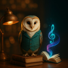 "Spectacled Owl in Vintage Waistcoat with Holographic Bookmark | Retro-Futuristic Audiobook Concept"