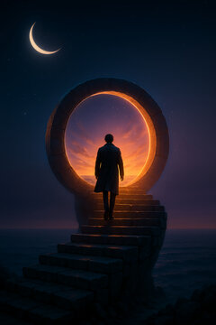"Ascending to Light: Man Climbing Stone Staircase Toward Sunrise Portal | Surreal Twilight Journey in Cinematic EXR"