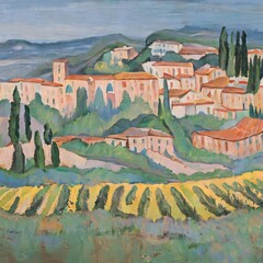 Romantic Oil Painting of an Italian Vineyard at Sunset with Rolling Hills, Ripe Grapes, Stone Cottage, and Expressive Brushstrokes in a Dreamlike, Pastoral Landscape