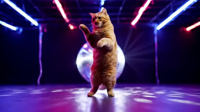 Playful orange cat dancing on stage under neon lights in a colorful disco setting. concept of feline fun, dance moves, energetic vibes, nightlife enthusiasm