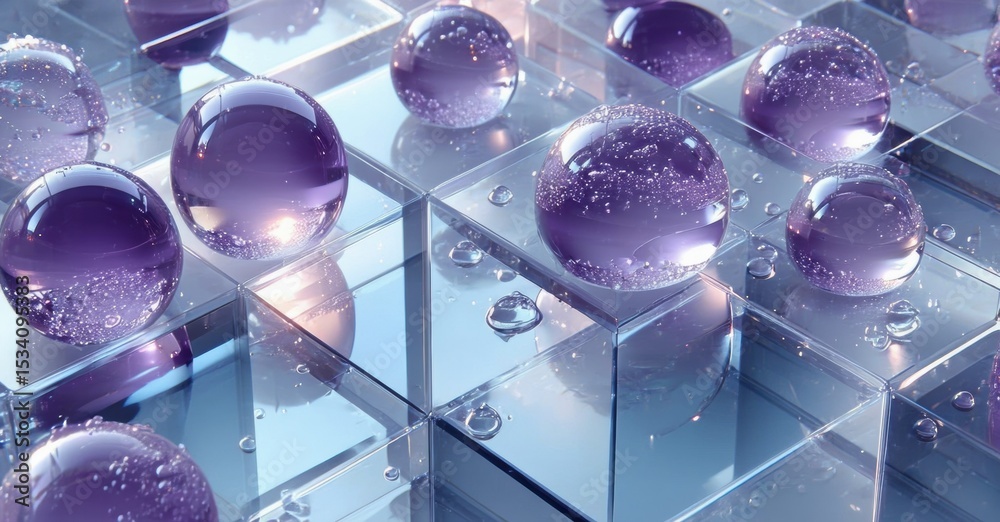 Poster purple spheres rest upon reflective squares. water droplets cling, creating glossy surfaces. light p