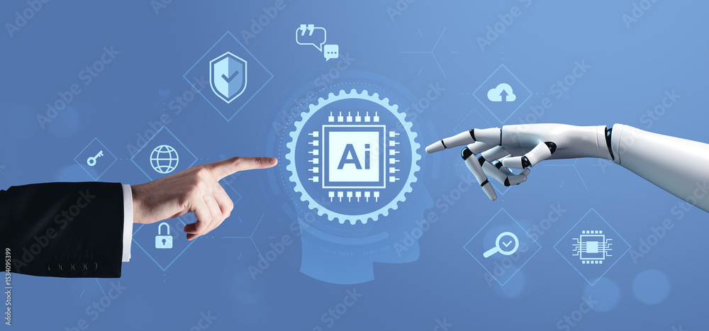 Poster human and robot hands reaching toward ai chip symbol on digital interface representing future of aut