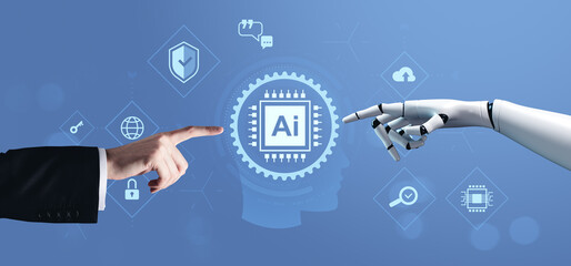 Human and robot hands reaching toward AI chip symbol on digital interface representing future of...