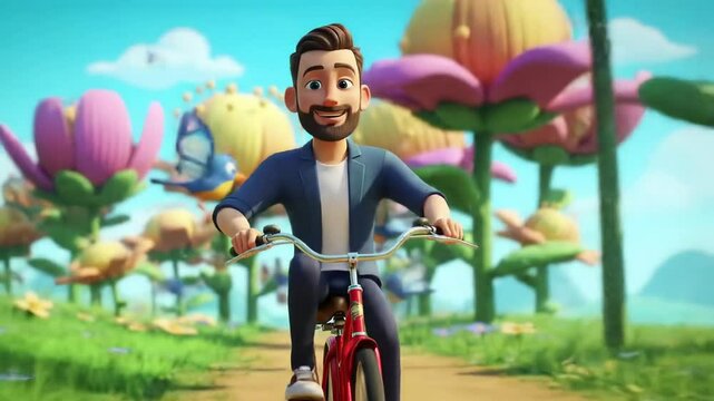 Animated man joyfully riding a bicycle through a vibrant fantasy garden with colorful flowers, playful butterflies, and singing birds. concept of happiness, adventure, and whimsical nature.. Animation