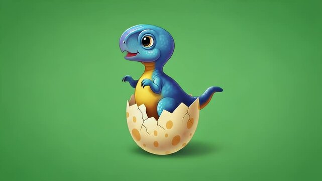 Small Dinosaur green screen hatching from egg on green background, cute animated baby dino emerging for video compositing stock footage