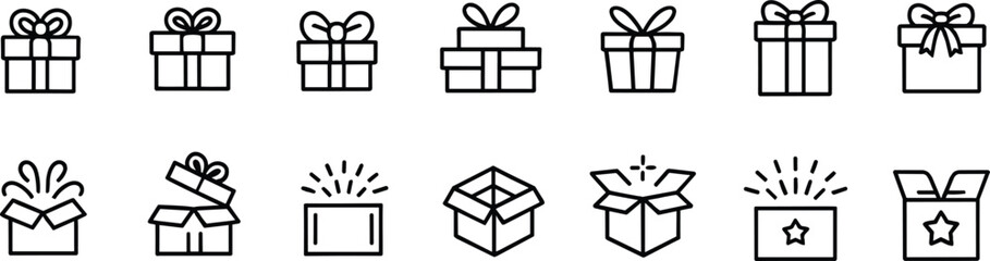 Gift box icon set, line style, open and closed packages, surprise box symbols, festive present collection for celebration, holiday, shopping, surprise and event decoration