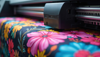 Large format digital textile printer prints vibrant floral design. Modern tech machinery produces colorful textile patterns. Fabric printing process, design, art, production, printing.