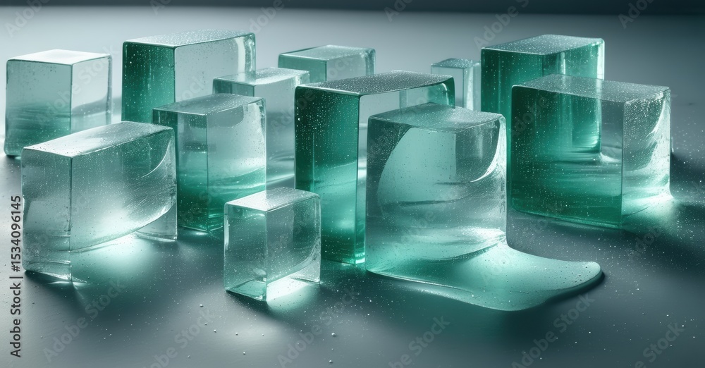 Poster glass cubes, varying sizes, illuminated. teal hues dominate composition, creating soft glow. minimal