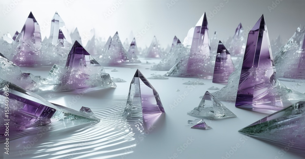 Aufkleber crystals dominate landscape. purple hues blend with clear forms, creating surreal, reflective scene.