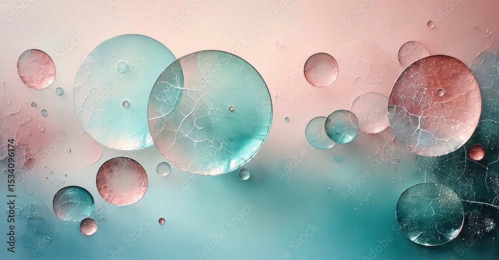 Poster abstract bubbles, teal, pink hues. delicate cracks visible within spheres, creating interesting text