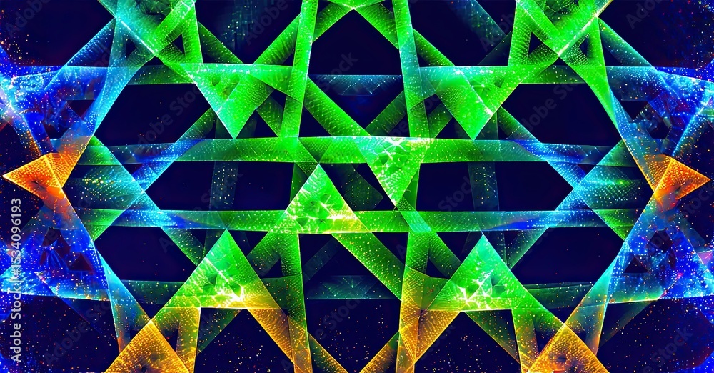 Poster Fractal geometry creates vibrant, symmetrical patterns. Bright colors intersect, forming complex network. Digital art, abstract design.