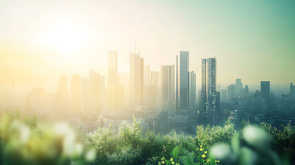 Sunlit Urban Skyline with Lush Green Foreground