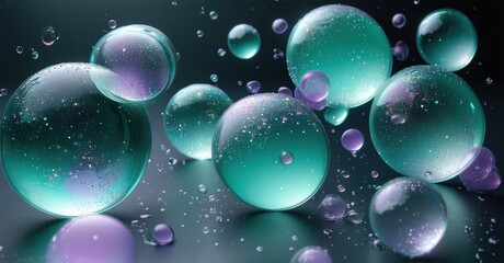Bubbles float, shimmer. Teal, purple hues create abstract, glossy composition. Reflections suggest liquid surface, depth.