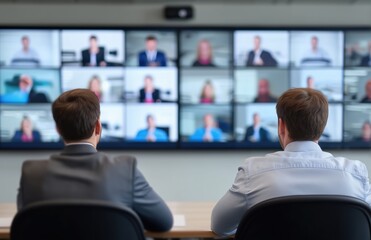 Rear view of diverse university students using laptops in modern classroom during video conference with business professional on large screen, collaborative learning and technology integration concept