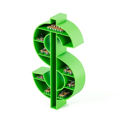 Green dollar sign shaped office building with interior workspaces representing business and finance concept on white background. 3D Rendering