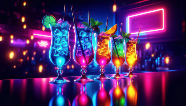 Glowing neon cocktails in curvy glasses with ice citrus and mint lined on glossy bar counter in vibrant club with colorful lights
