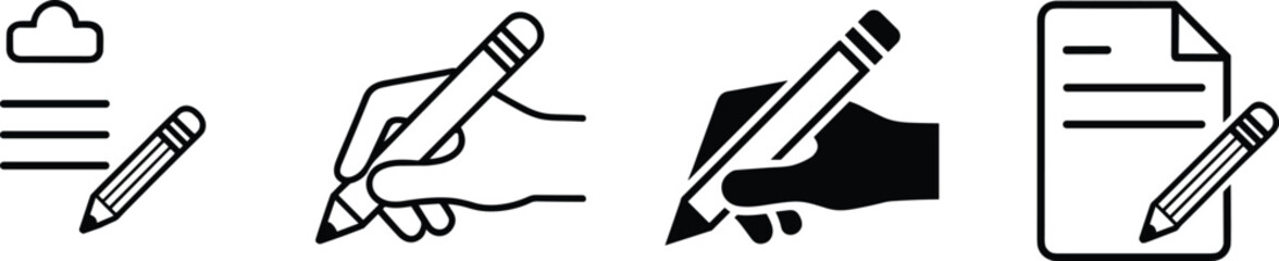 Writing pencil icons, hand holding pencil drawing, document and clipboard design, black and white line art, creative note-taking, education, office, editable vector illustration