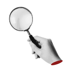 Hand with magnifying glass collage. Grunge punk halftone sticker. Trendy retro vector illustration for poster, print, banner.
