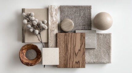 Ultra quality image of material mood board for kitchen, neutral colors.