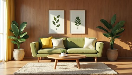 Mid-century modern living room interior design with green sofa, two framed pictures, plants. Stylish home decor concept with wooden coffee table, rug, pillows. Comfortable cosy room, natural light.