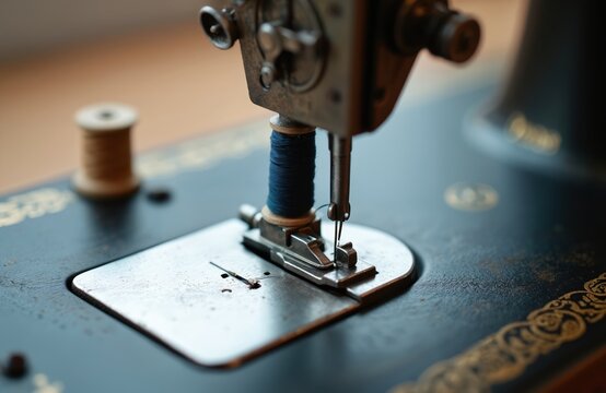 Close-up of antique sewing machine. Needle, thread, spool detail. Tailoring tool for sartorial craft. Sewing workshop, atelier, dressmaking process. Vintage equipment for garment creation, fashion