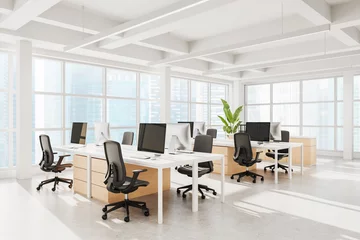 Selbstklebende Fototapeten Modern open space office interior with ergonomic chairs, wooden desks, large windows, bright daylight, and minimalist design concept. 3D Rendering © ImageFlow