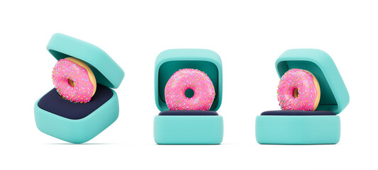 Cartoon-style pink frosted donuts in turquoise jewelry boxes with sprinkles concept on white background, humorous proposal idea concept. 3D Rendering