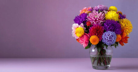 Fototapeta premium Bright Mixed Flower Bouquet in Glass Vase on Lavender Background