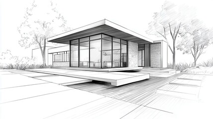 Ultra quality image of architectural sketch of a modern house with a minimalist design and large windows, outdoors.