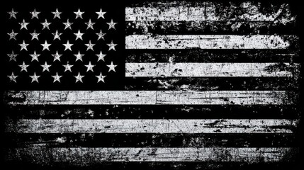 Ultra quality image of black and white American flag, distressed with a grunge texture on a black background.