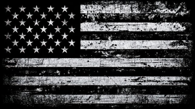 Ultra quality image of black and white American flag, distressed with a grunge texture on a black background.