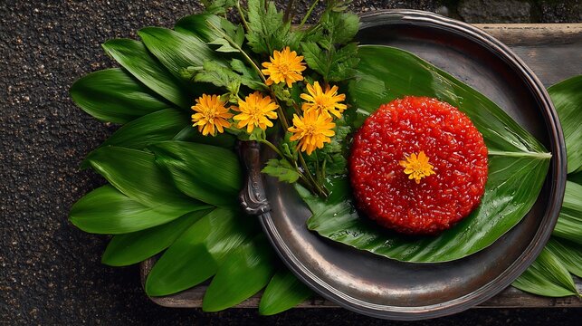 Vietnamese sticky rice gac fruit xoi gac in vibrant red color served on outdoor tray with banana leaves and flowers top down view