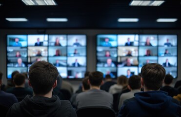 Rear view of diverse university students using laptops in modern classroom during video conference with business professional on large screen, collaborative learning and technology integration concept