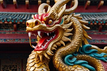 Fototapeta premium Chinese Golden Dragon Sculpture with Traditional Temple Background
