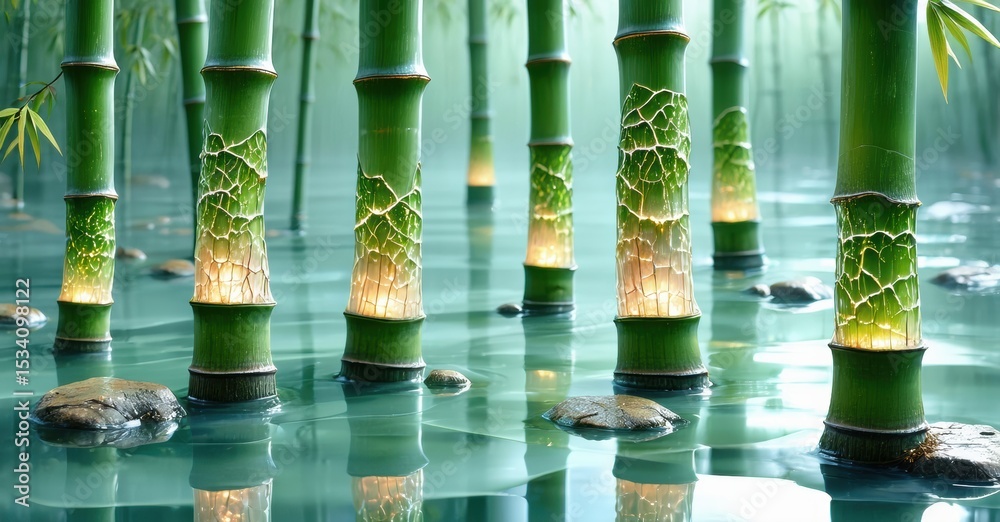 Poster lush bamboo forest stands in shallow water. light glows from base, creating serene, mystical scene. 