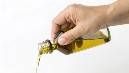 Hand pouring olive oil from a bottle in a clean setting.