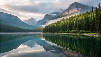 Fototapeta premium Serene Mountain Lake Reflection at Sunrise A Breathtaking Landscape Photograph