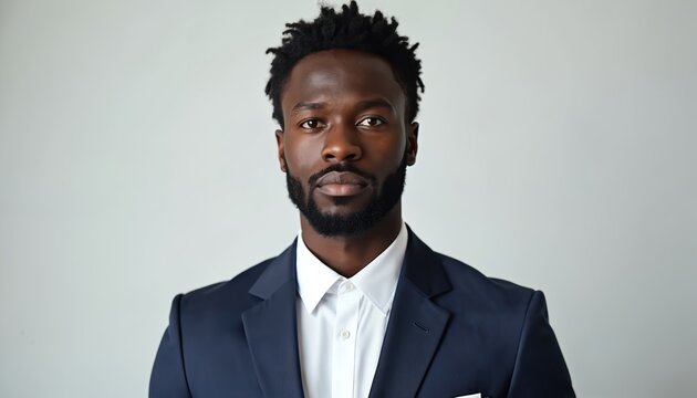 Young black African businessman studio portrait on white background. Confident stylish man in business suit. Pro executive, handsome, looking at camera. Corporate headshot. Business concept,