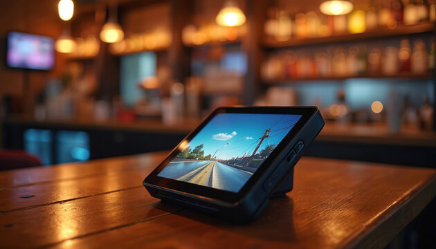 Modern payment terminal on wooden counter with ambient lighting. Technology for digital transactions. Financial business retail commerce device. POS system in shop bar. Banking, cashless, client - Powered by Adobe