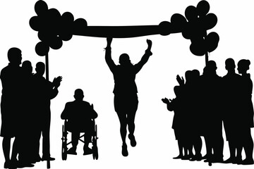 Silhouette of a triumphant runner crossing the finish line cheered by a crowd.